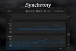 Screenshot of Synchrony audio plugin UI with a dark theme, showing multiple blue waveform panels and control bars.